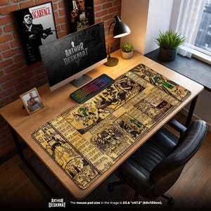 May include: A large rectangular desk mat with a vintage map design, featuring illustrations and text. The mat, measuring 23.6" x 47.2", is placed on a wooden desk with a computer, keyboard, and other accessories. The mat has the text "ARTHUR DESKMAT".
