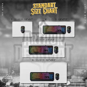 May include: A size chart for desk mats, featuring four different sizes: S (11.8"x15.7"), M (11.8"x27.5"), L (11.8"x31.5"), and XL (15.7"x35.5"). Each size is displayed with a keyboard and mouse on a white mat. The text "STANDART SIZE CHART" is at the top.