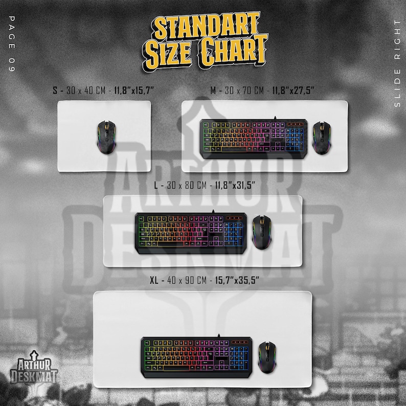 May include: A size chart for desk mats, featuring four different sizes: S (11.8"x15.7"), M (11.8"x27.5"), L (11.8"x31.5"), and XL (15.7"x35.5"). Each size is displayed with a keyboard and mouse on a white mat. The text "STANDART SIZE CHART" is at the top.