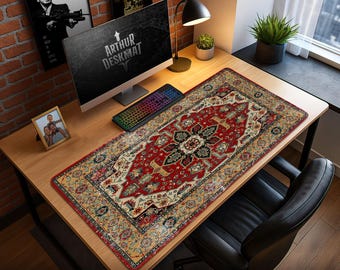 Red Persian Rug Gaming Mouse Pad, Large Oriental Desk Mat, Boho Office Carpet Mat, Luxurious Gaming Setup Accessory, Gift for Gamers