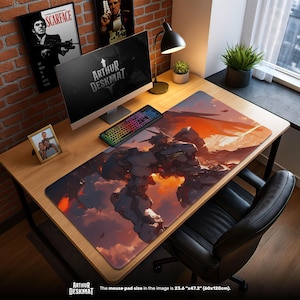 Sunset Mecha Battle Mouse Pad, Anime Robot Desk Mat, Epic Mecha Warrior Gaming Mouse Pad, Otaku Gift, Sci-Fi Room Decor