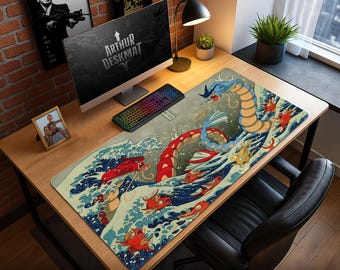 Gyarados Ukiyo-e Mouse Pad - Red vs Blue Koi Clash in Wave Art, Pokémon Gaming Desk Mat, Trainer Gift