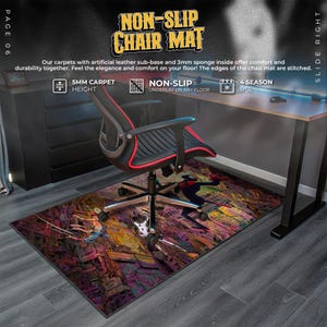 May include: A non-slip chair mat with a colorful comic book style design. The mat is under an office chair with a black seat and red trim. The text "NON-SLIP CHAIR MAT" is at the top of the image.