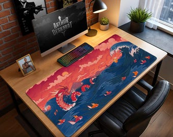 Gyarados Wave Mouse Pad - Magikarp Ocean Battle Art Desk Mat, Japanese Style Pokémon Decor, Gamer Gift Setup