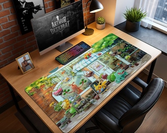 Pokémon Garden Mouse Pad – Pikachu & Bulbasaur Floral Shop Art, Gaming Desk Mat, Pokémon Fan Gift