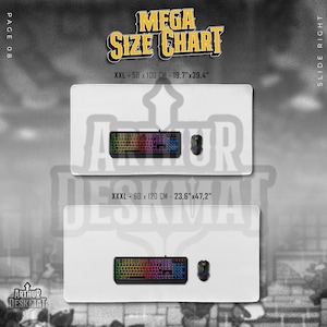 May include: A white desk mat size chart with a black keyboard and mouse. The chart shows XXL at 19.7"x39.4" and XXXL at 23.6"x47.2". The text "MEGA SIZE CHART" is at the top.