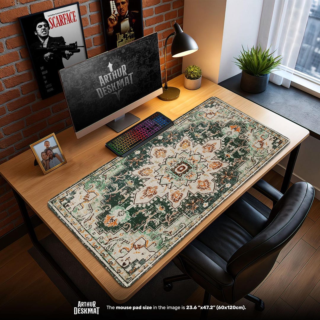 Green Vintage Rug Mouse Pad, Distressed Persian Desk Mat, Large Gaming ...