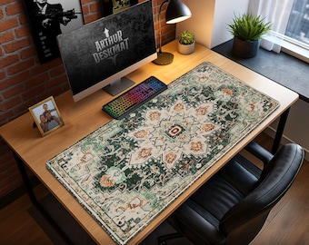 Green Vintage Rug Mouse Pad, Distressed Persian Desk Mat, Large Gaming Pad Gift, Boho Oriental Office Decor, Non-Slip Mouse Pad