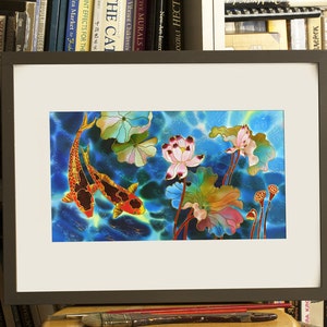 Fine Art Print Giclee art ptint lotus flower art koi fish painting art wall art print silk painting fine art print modern fine art koi art image 4