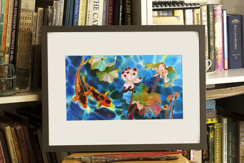 Fine Art Print Giclee art ptint lotus flower art koi fish painting art wall art print silk painting fine art print modern fine art koi art image 4