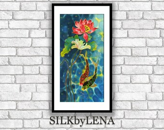 Fine Art Print Giclee art ptint  lotus flower art koi fish painting art wall art print silk painting fine art print modern fine art koi art