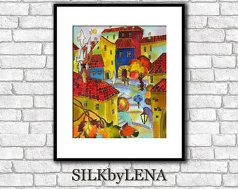 City art  Fine Art Print Prague painting Europe Painting  Giclee art Print wall art print silk painting city scape  print modern fine art