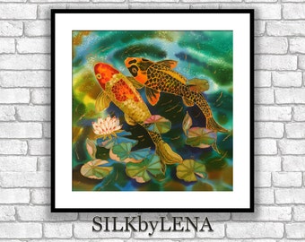 GICLEE Art Print  lotus flower koi fish painting art wall art print silk painting fine art print modern fine art