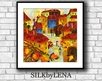 Fine Art Print Giclee art Print  City art  wall art print silk painting city scape  print modern fine art Prague painting Europe Painting