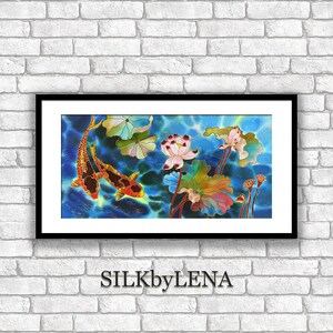 Fine Art Print Giclee art ptint lotus flower art koi fish painting art wall art print silk painting fine art print modern fine art koi art image 1