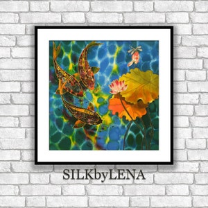 Fine Art Print Giclee art ptint lotus flower art koi fish painting art wall art print silk painting fine art print modern fine art koi art image 1