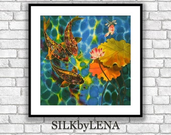 Fine Art Print Giclee art ptint  lotus flower art koi fish painting art wall art print silk painting fine art print modern fine art koi art