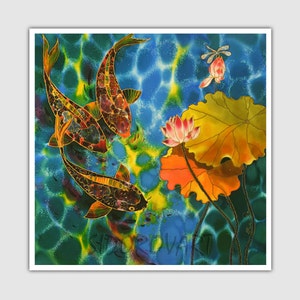 Fine Art Print Giclee art ptint lotus flower art koi fish painting art wall art print silk painting fine art print modern fine art koi art image 2