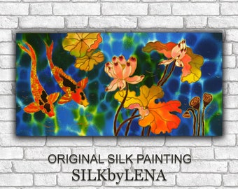 ORIGINAL Acrylic  Koi Fish painting ORIGINAL SILK Painting Fish Pond Lotus Painting  Hand painted Silk Wall Art