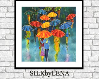 Fine Art Print Giclee art Print Umbrellas Rain painting wall art print silk painting fine art print modern fine art Figurative Art