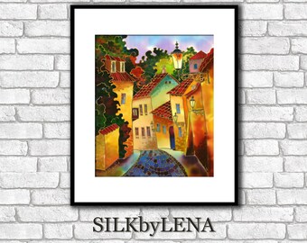 City art  Fine Art Print Prague painting Europe Painting  Giclee art Print wall art print silk painting city scape  print modern fine art