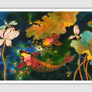 Acrylic Painting Koi Fish painting Fine Art Print Of Original SILK PAINTING Giclee Art Print Lotus Painting Koi Fish Art image 2