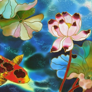 Fine Art Print Giclee art ptint lotus flower art koi fish painting art wall art print silk painting fine art print modern fine art koi art image 3