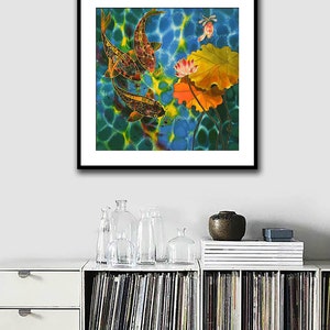 Fine Art Print Giclee art ptint lotus flower art koi fish painting art wall art print silk painting fine art print modern fine art koi art image 5