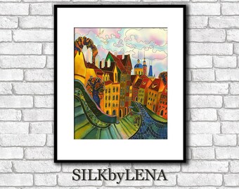 City art  Fine Art Print Prague painting Europe Painting  Giclee art Print wall art print silk painting city scape  print modern fine art