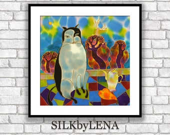 GICLEE Art Print cat artwork cat art print cat painting  wall art print silk painting fine art print