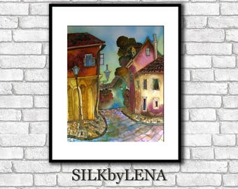 City art  Fine Art Print Prague painting Europe Painting  Giclee art Print wall art print silk painting city scape  print modern fine art