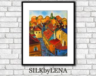 City art  Fine Art Print Prague painting Europe Painting  Giclee art Print wall art print silk painting city scape  print modern fine art