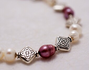 Etched Silver and Freshwater Pearls Bracelet