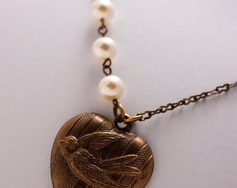 Heartfelt Birds and Pearls Necklace