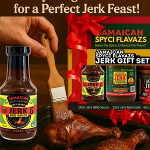 Op de afbeelding: Een afbeelding met een Jamaican Jerk Feast-set, met flessen Jerk BBQ-saus en marinade, een cadeaupakket en gekookte kippenpoten die met saus worden bestreken. De tekst luidt "Everything You Need for a Perfect Jerk Feast!"