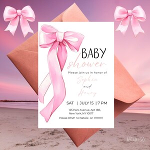 Pink Bow Baby Shower Invitation Template Printable, Pink Coquette Baby Shower Invite, Baby Shower Invitation Girl Coquette Bow 5x7 #SU1017