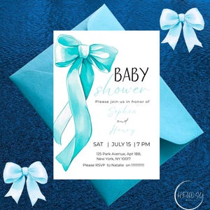 Blue Bow Baby Shower Invitation Template Printable, Baby Boy, Blue Coquette Baby Shower Invite, Baby Shower Invitation Boy, 5x7 #SU1018