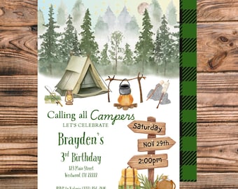 Plantilla de invitación para fiesta de camping, pijamada y cumpleaños (archivo digital)