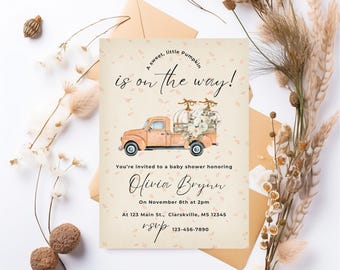Plantilla de invitación de cumpleaños para baby shower con una dulce calabaza (archivo digital)