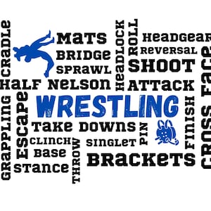 Może przedstawiać: Białe tło z napisem „WRESTLING” w kolorze niebieskim, otoczone terminami zapaśniczymi, takimi jak „TAKE DOWNS”, „SINGLET” i „HEADGEAR”. Zawiera niebieską sylwetkę zapaśników i grafikę trykotu zapaśniczego.