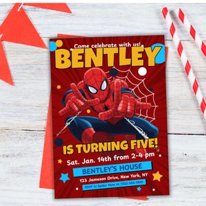 May include: A red and blue Spider-Man themed birthday party invitation. The invitation reads "Come celebrate with us! BENTLEY IS TURNING FIVE!" with event details. Includes a red envelope and red and white striped straws.