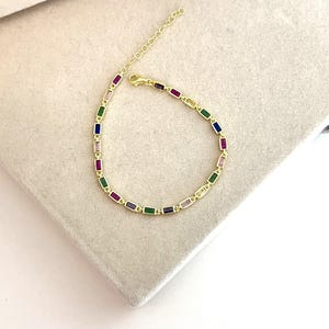 925 Sterling Silver Gold Plated Rainbow CZ Bracelet – Multicolor Rectangle Stone Chain, Dainty Minimalist Jewelry Gift for Her