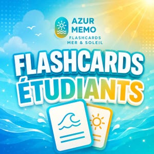 Peut inclure: Un jeu de cartes éducatives intitulé AZUR MEMO FLASHCARDS MER & SOLEIL, FLASHCARDS ÉTUDIANTS. Le design présente un fond dégradé bleu et jaune avec un soleil, des nuages et des vagues. Deux cartes montrent des icônes de vague et de soleil.