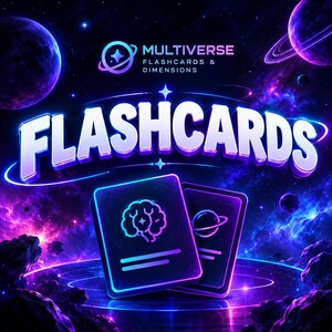 May include: Two rectangular flashcards with glowing neon outlines against a deep space background. One card features a brain icon, the other a planet icon. The text reads MULTIVERSE FLASHCARDS & DIMENSIONS and FLASHCARDS in large, bold lettering.