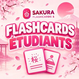 Peut inclure: Un ensemble de deux cartes mémoire blanches à bordures roses, présentant un symbole de fleur de cerisier et une icône de montagne. Le texte indique SAKURA FLASHCARDS & FLASHCARDS ÉTUDIANTS sur un fond rose avec des cerisiers et une pagode.