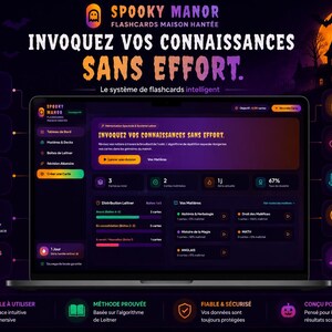 May include: A laptop screen displaying the Spooky Manor flashcard software interface with a dark purple and orange theme. The dashboard shows study progress, Leitner boxes, and subject categories like Alchimie & Herboringie and Droit des Maléfices.