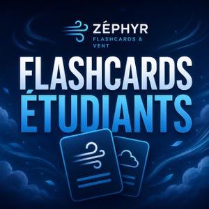 Peut inclure: Un graphique bleu foncé présentant le texte ZÉPHYR FLASHCARDS & VENT et FLASHCARDS ÉTUDIANTS en blanc et bleu clair. Deux cartes mémo rectangulaires sont affichées en bas, l'une avec une icône de vent et l'autre avec un nuage, sur un fond tourbillonnant.