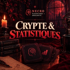 Peut inclure: Un jeu de cartes mémo intitulé "Crypte & Statistiques" avec des icônes rouges représentant une tête, un graphique à barres et une courbe. Les cartes sont posées sur un bureau près de livres titrés "Statistiques", "Probabilités" et "Méthodes".