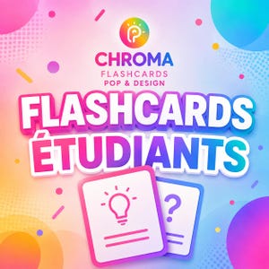 Peut inclure: Un graphique coloré présentant le texte CHROMA FLASHCARDS POP & DESIGN et FLASHCARDS ÉTUDIANTS en lettres blanches grasses. Sous le texte se trouvent deux cartes rectangulaires blanches, l'une affichant une icône d'ampoule et l'autre un point d'interrogation.