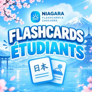 Peut inclure: Un graphique numérique affichant le texte NIAGARA FLASHCARDS & CASCADES et FLASHCARDS ÉTUDIANTS. Deux cartes mémoire blanches sont présentées, l'une avec les caractères japonais 日本 et l'autre avec une icône bleue du mont Fuji, sur fond bleu.